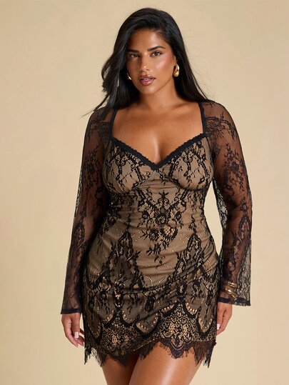 SHEIN BAE CURVE Plus Size Women's Lace Elegant Short Dress