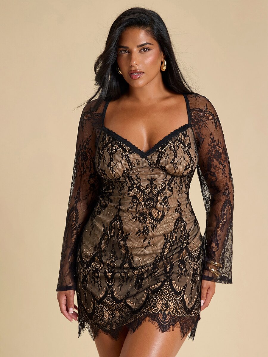 SHEIN BAE CURVE Plus Size Women's Lace Elegant Short Dress - Black - View 1