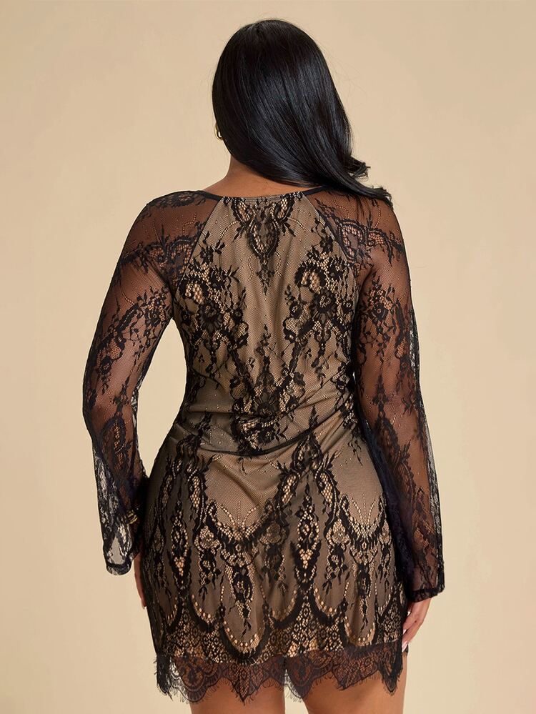 SHEIN BAE CURVE 大尺碼女款蕾絲優雅短洋裝 - 黑色 - 查看 4