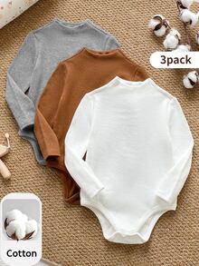 PrepCrw 3pack Baby Girl Solid Color Knitted Soft Long Sleeve Bodysuit Grey White Brown Graphic Gender Neutral Tropical Thanksgiving Fall 1st Birthday - Multicolor - View 7