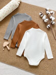 PrepCrw 3pack Baby Girl Solid Color Knitted Soft Long Sleeve Bodysuit Grey White Brown Graphic Gender Neutral Tropical Thanksgiving Fall 1st Birthday - Multicolor - View 2