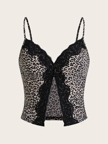 SHEIN ICON Leopard Print Lace Splicing Slit Summer Camisole - Grey - View 5
