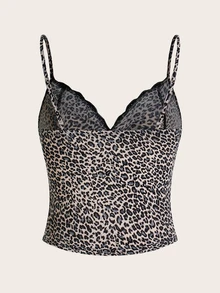 SHEIN ICON Leopard Print Lace Splicing Slit Summer Camisole - Grey - View 2