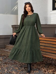 Comfylo Plus Size Autumn Elegant Solid Color Lantern Sleeve Dress - Multicolor - View 1