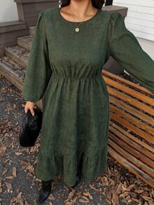 Comfylo Plus Size Autumn Elegant Solid Color Lantern Sleeve Dress - Multicolor - View 5
