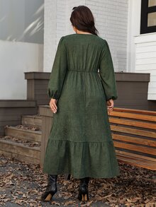Comfylo Plus Size Autumn Elegant Solid Color Lantern Sleeve Dress - Multicolor - View 2