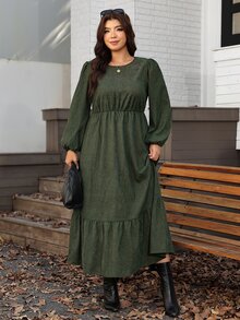 Comfylo Plus Size Autumn Elegant Solid Color Lantern Sleeve Dress - Multicolor - View 3