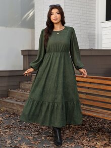 Comfylo Plus Size Autumn Elegant Solid Color Lantern Sleeve Dress - Multicolor - View 4