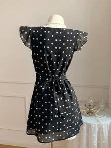 Comfortcana Plus Size Black Vintage Polka Dot Ruffle Romantic Date Sweet Vacation Waist-Cinching Dress - Black - View 2