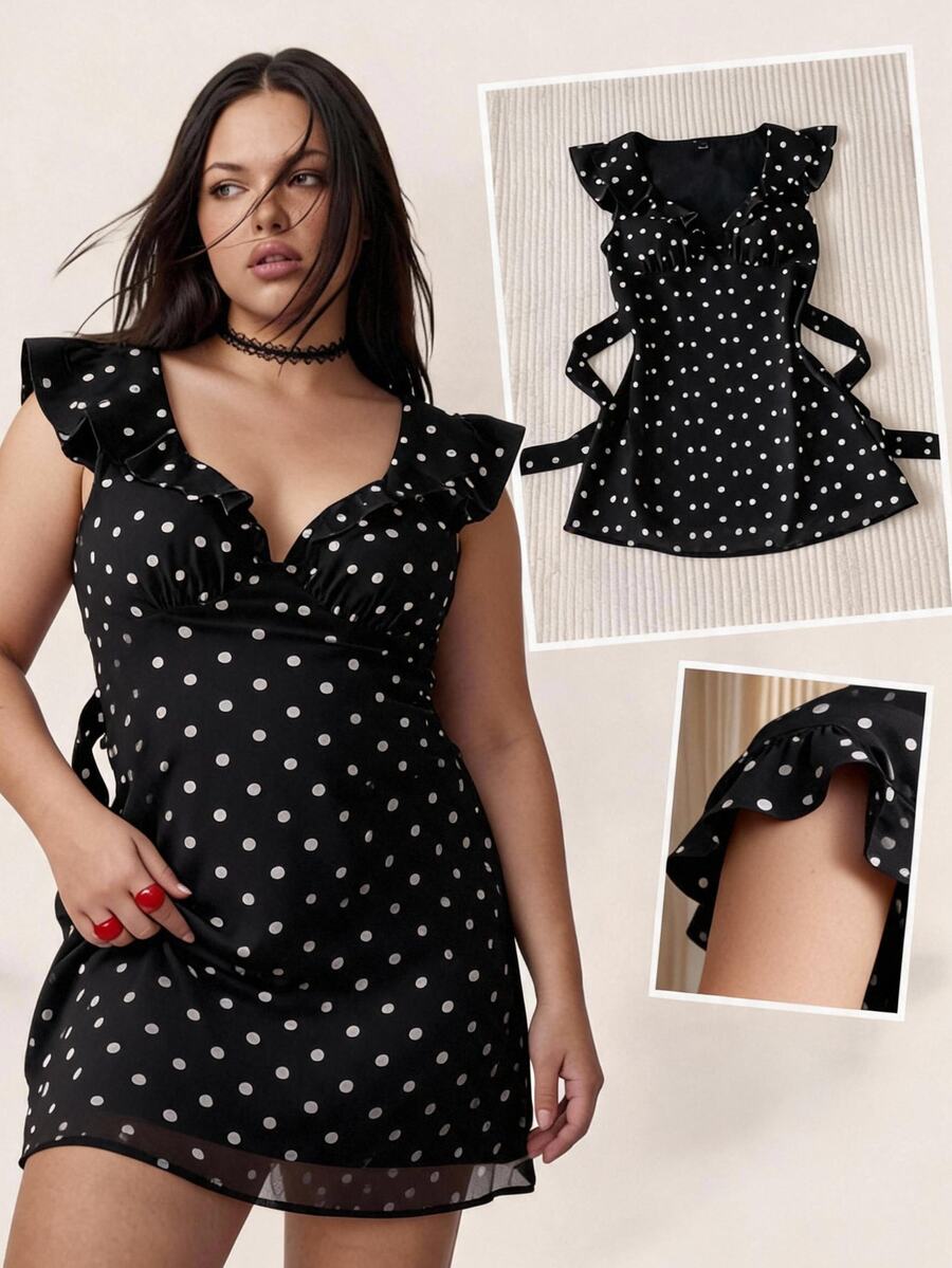 Comfortcana Plus Size Black Vintage Polka Dot Ruffle Romantic Date Sweet Vacation Waist-Cinching Dress - Black - View 1