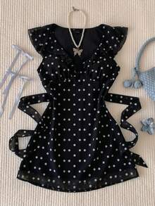 Comfortcana Plus Size Black Vintage Polka Dot Ruffle Romantic Date Sweet Vacation Waist-Cinching Dress - Black - View 7