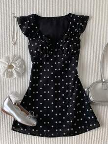 Comfortcana Plus Size Black Vintage Polka Dot Ruffle Romantic Date Sweet Vacation Waist-Cinching Dress - Black - View 3