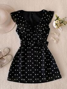 Comfortcana Plus Size Black Vintage Polka Dot Ruffle Romantic Date Sweet Vacation Waist-Cinching Dress - Black - View 5