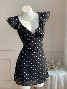 Comfortcana Plus Size Black Vintage Polka Dot Ruffle Romantic Date Sweet Vacation Waist-Cinching Dress - Black - View 8