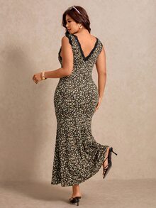Elaquor Women's Ditsy Floral Contrast Lace V-Neck Sleeveless Fitted Mermaid Hem - Brown - View 2