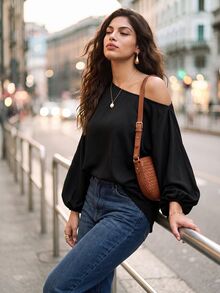 Juhart Plus Size Women's Solid Color Asymmetrical Collar Batwing Sleeve Loose Blouse One Shoulder Top Fall - Black - View 5