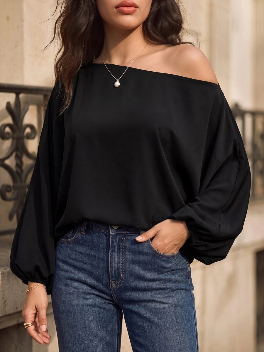 Juhart Plus Size Women's Solid Color Asymmetrical Collar Batwing Sleeve Loose Blouse One Shoulder Top Fall - Black - View 1