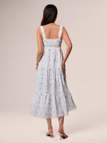 Willow Rêve Women's Blue Floral Lace Trim Spaghetti Strap Dress, Romantic Vacation Style, Valentine's Day, Boho Style, Pastoral Style, Party, Date,Summer Dresses - White - View 2