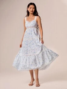 Willow Rêve Women's Blue Floral Lace Trim Spaghetti Strap Dress, Romantic Vacation Style, Valentine's Day, Boho Style, Pastoral Style, Party, Date,Summer Dresses - White - View 8