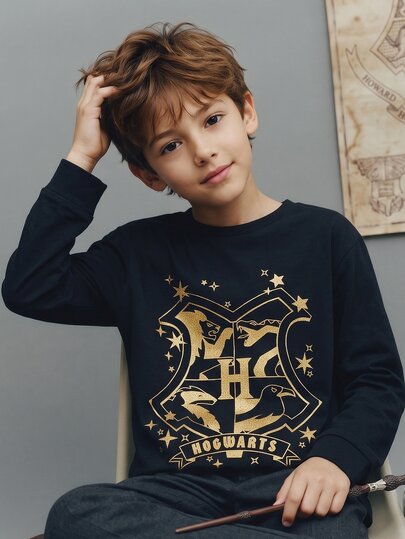 PrepCrw HARRY POTTER X SHEIN قطعة واحدة تي شيرت أطفال أولاد مراهقين كاجوال أنيق وسيم فاخر مريح فضفاض محبوك بطبعة رقائق ذهبية سوداء بياقة طاقم وأكمام طويلة، مناسب للعودة إلى المدرسة والخروجات والعطلات والخريف/الشتاء