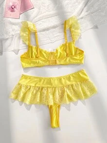 FairyFlirt Lace Patchwork Women's Lingerie Set (Women's Bra, Low Waist Mini Skirt Style Thong 2-Piece Set) - Yellow - View 2