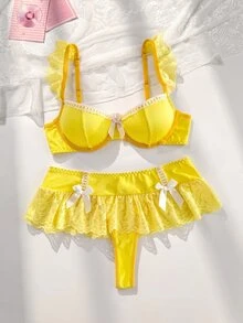 FairyFlirt Lace Patchwork Women's Lingerie Set (Women's Bra, Low Waist Mini Skirt Style Thong 2-Piece Set) - Yellow - View 1