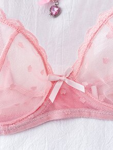 FairyFlirt 女士心形网纱撞色蕾丝蝴蝶结装饰时尚文胸 - 粉色 - 查看 5