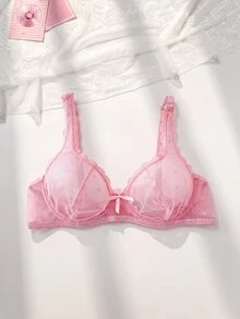 FairyFlirt 女士心形网纱撞色蕾丝蝴蝶结装饰时尚文胸 - 粉色 - 查看 1