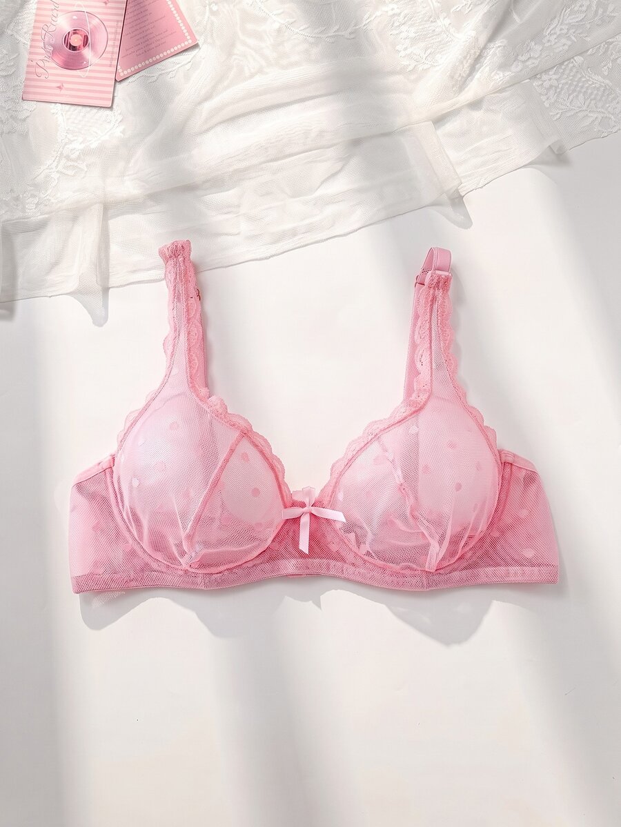 FairyFlirt 女士心形网纱撞色蕾丝蝴蝶结装饰时尚文胸 - 粉色 - 查看 1