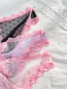 PetitDoll 3件套可爱性感粉色蕾丝边波点网纱女士内衣套装 - 彩色 - 查看 5