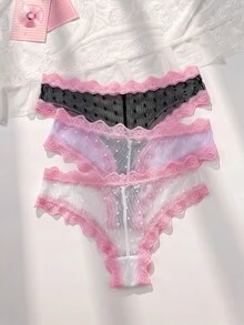 PetitDoll 3件套可爱性感粉色蕾丝边波点网纱女士内衣套装 - 彩色 - 查看 1