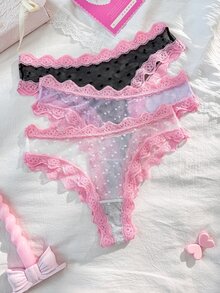 PetitDoll 3件套可爱性感粉色蕾丝边波点网纱女士内衣套装 - 彩色 - 查看 3
