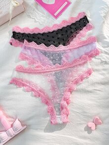 PetitDoll 3件套可爱性感粉色蕾丝边波点网纱女士内衣套装 - 彩色 - 查看 4