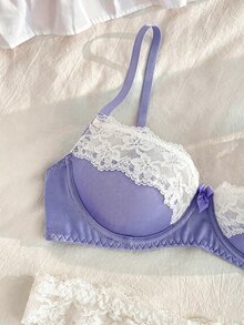 FairyFlirt 女款內衣套裝，粉色布料與白色蕾絲飾邊拼接 + 鋼圈 + 蝴蝶結，度假派對甜美小洋娃娃風格 - 淡紫色 - 查看 5