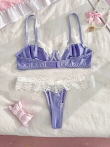 FairyFlirt 女款內衣套裝，粉色布料與白色蕾絲飾邊拼接 + 鋼圈 + 蝴蝶結，度假派對甜美小洋娃娃風格 - 淡紫色 - 查看 4