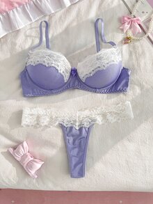 FairyFlirt 女款內衣套裝，粉色布料與白色蕾絲飾邊拼接 + 鋼圈 + 蝴蝶結，度假派對甜美小洋娃娃風格 - 淡紫色 - 查看 3