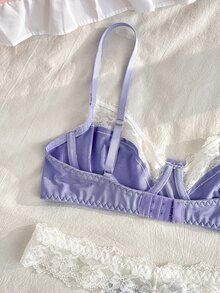 FairyFlirt 女款內衣套裝，粉色布料與白色蕾絲飾邊拼接 + 鋼圈 + 蝴蝶結，度假派對甜美小洋娃娃風格 - 淡紫色 - 查看 8