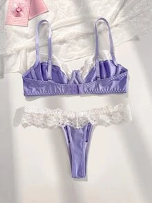 FairyFlirt 女款內衣套裝，粉色布料與白色蕾絲飾邊拼接 + 鋼圈 + 蝴蝶結，度假派對甜美小洋娃娃風格 - 淡紫色 - 查看 2