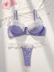 FairyFlirt 女款內衣套裝，粉色布料與白色蕾絲飾邊拼接 + 鋼圈 + 蝴蝶結，度假派對甜美小洋娃娃風格 - 淡紫色 - 查看 1