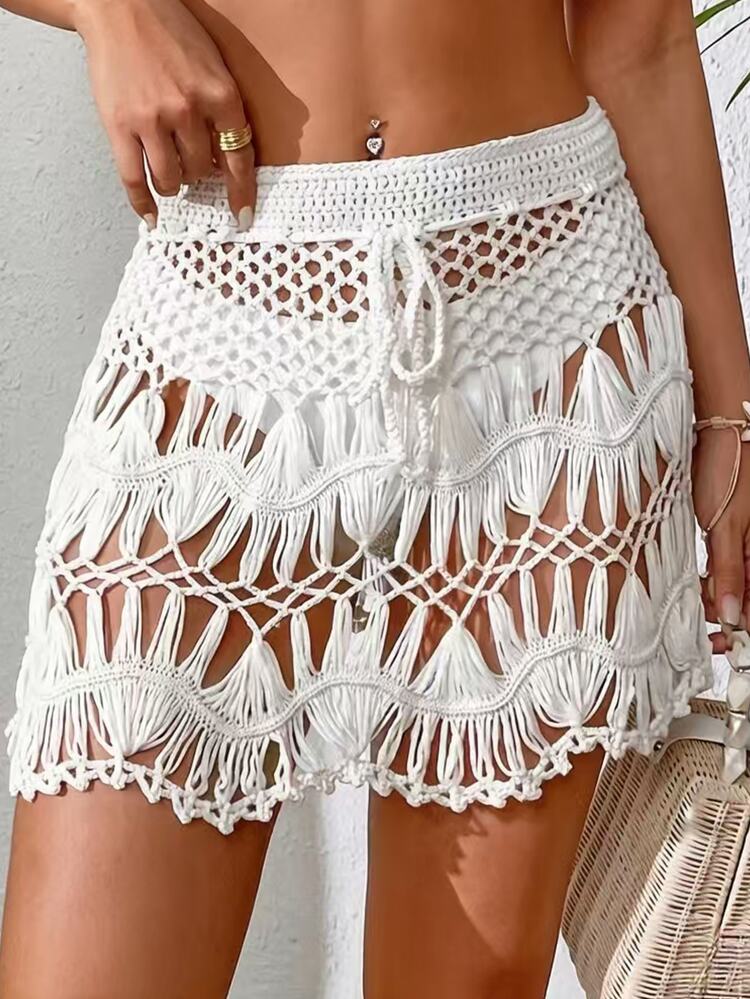 Swim Mod Summer Beach Tie Waist Crochet Cover Up Skirt - Beige - View 2