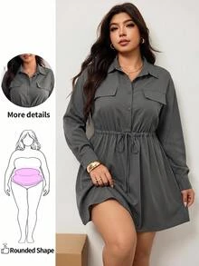 Enliva Plus Size Women's Long Sleeve Shirt Dress, Button Front Drawstring Waist Loose Mini Dress Compatible With Apple Shape Fall - Army Green - View 1