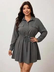 Enliva Plus Size Women's Long Sleeve Shirt Dress, Button Front Drawstring Waist Loose Mini Dress Compatible With Apple Shape Fall - Army Green - View 7
