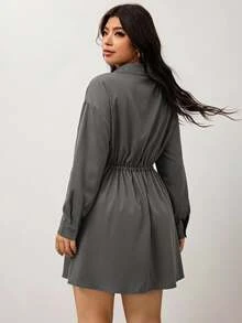 Enliva Plus Size Women's Long Sleeve Shirt Dress, Button Front Drawstring Waist Loose Mini Dress Compatible With Apple Shape Fall - Army Green - View 2