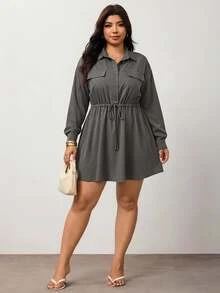 Enliva Plus Size Women's Long Sleeve Shirt Dress, Button Front Drawstring Waist Loose Mini Dress Compatible With Apple Shape Fall - Army Green - View 3