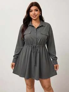 Enliva Plus Size Women's Long Sleeve Shirt Dress, Button Front Drawstring Waist Loose Mini Dress Compatible With Apple Shape Fall - Army Green - View 6