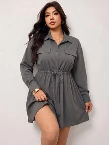 Enliva Plus Size Women's Long Sleeve Shirt Dress, Button Front Drawstring Waist Loose Mini Dress Compatible With Apple Shape Fall - Army Green - View 5