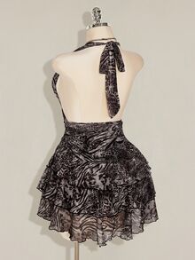 SHEIN ICON 大尺碼豹紋掛脖綁腰抽褶多層蛋糕網紗洋裝 - 深灰色 - 查看 11