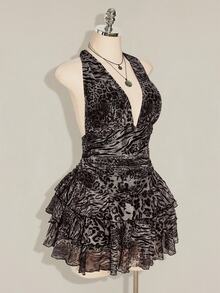 SHEIN ICON 大尺碼豹紋掛脖綁腰抽褶多層蛋糕網紗洋裝 - 深灰色 - 查看 7