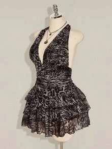 SHEIN ICON 大尺碼豹紋掛脖綁腰抽褶多層蛋糕網紗洋裝 - 深灰色 - 查看 9