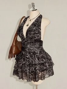 SHEIN ICON 大尺碼豹紋掛脖綁腰抽褶多層蛋糕網紗洋裝 - 深灰色 - 查看 10